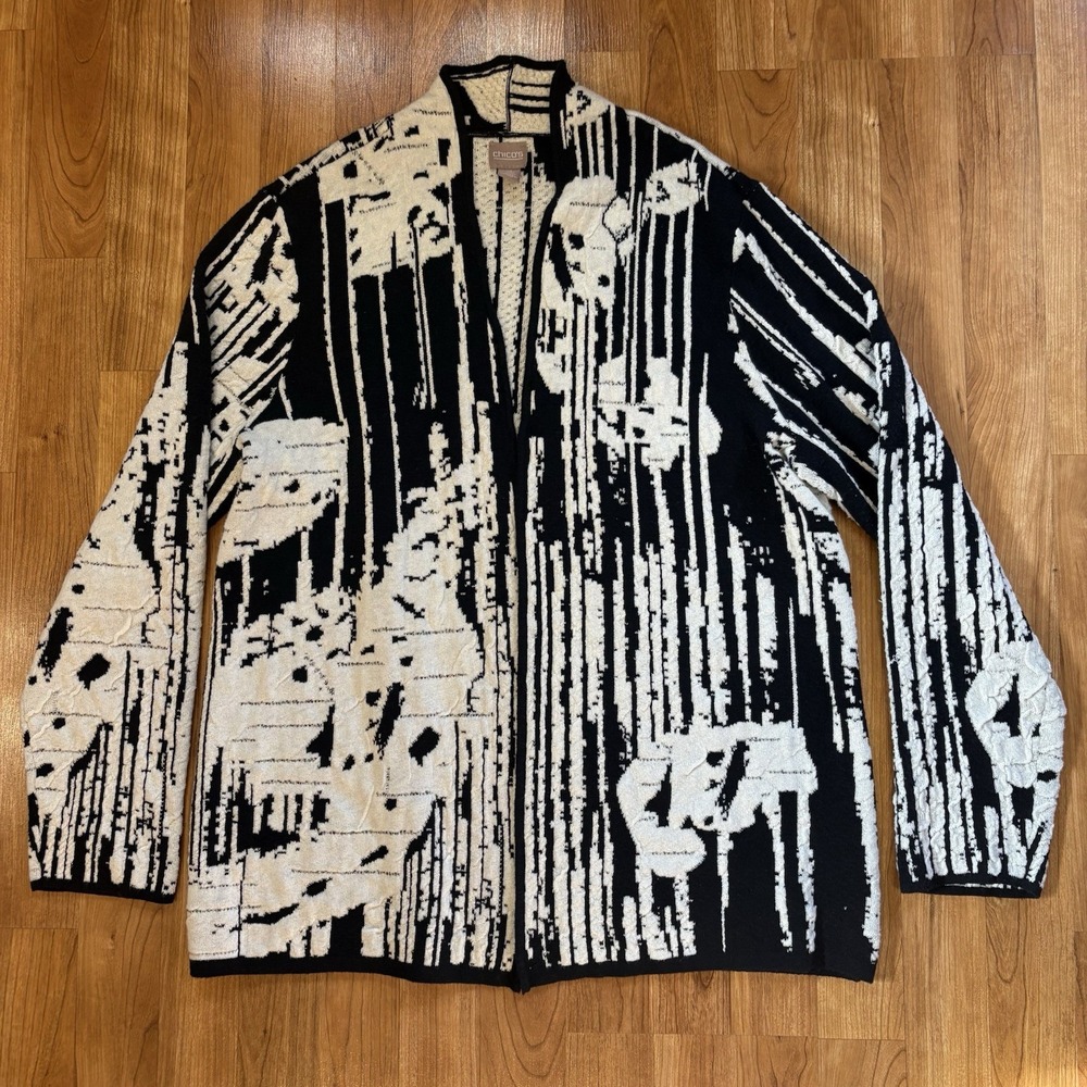 Chico's Black White Patterned Knit Cardigan Open Front Size 2 Large Cozy Winter